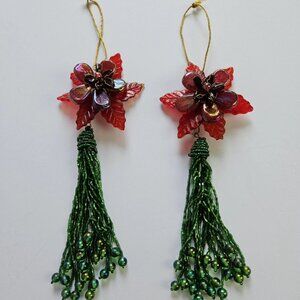 Vintage Beaded Poinsettia Christmas Ornaments – Set of 2 Red & Green Tassel Drop